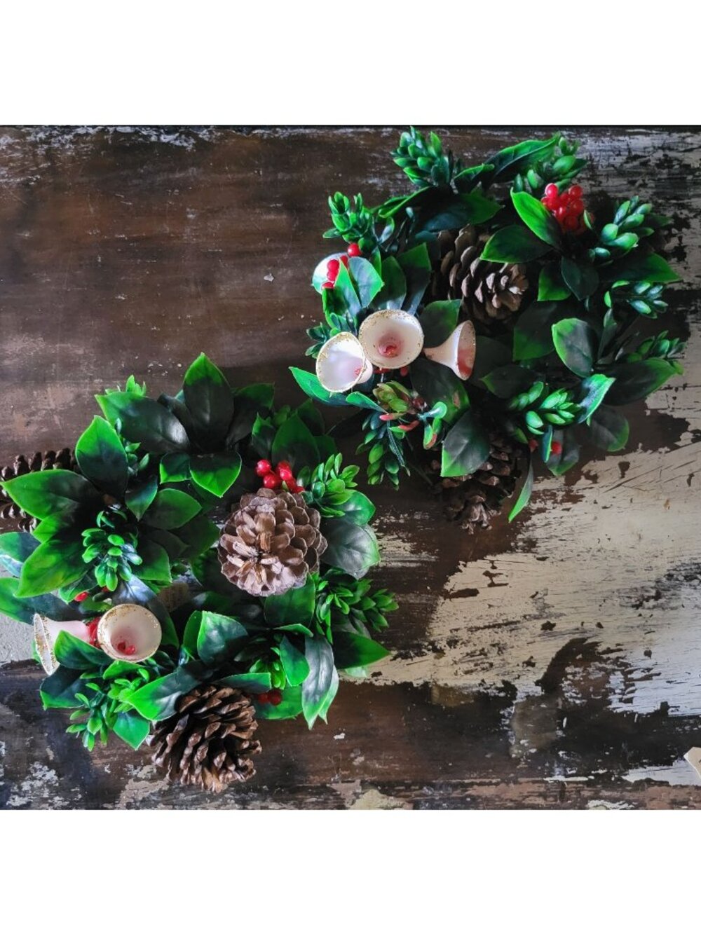 Pair of Vtg Artificial Christmas Candle Rings Mini Wreaths Pinecones Berries